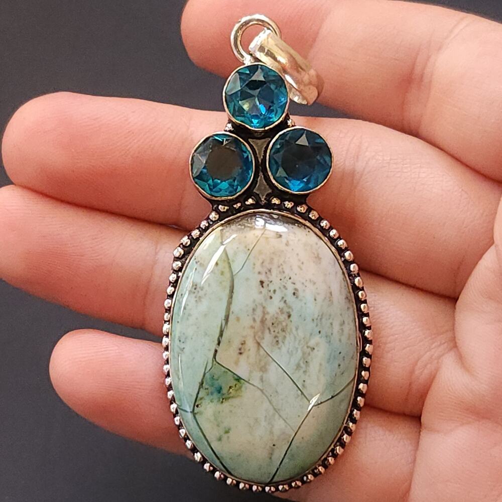 Sterling Silver Pendant Necklace with Turquoise & Lazulite Accents